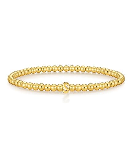 Wowshow Gold Bracelets for Women Stretch Initial Beaded Bracelets 18K Gold Plated with Letter S Charm Jewelry Gifts for Mother Birthday Mom - Image 1