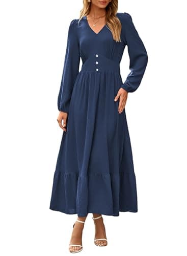 Dokotoo Boho Dresses for Women 2026 Elegant Classy Fall Dress Smocked V-Neck Long Sleeve Wedding Dresses Empire Waist Ruffle Trim A-Line Sun Dress Beach Vacation Outifits Blue Small - Image 1