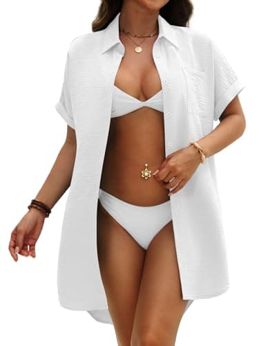 GKBK Women Swimsuit Coverup Shirt Dress Button Down Bathing Suit Cover Up Beachwear White XL - Thumbnail 5