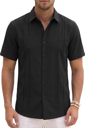 KYKU Mens Short Sleeve Cuban Guayabera Shirt Casual Summer Beach Vacation Button Down Shirts Black 2XL - Image 1