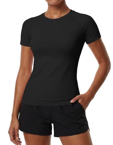 beautyin Seamless Workout Tops for Women Short Sleeve Athletic Shirts Slim Fit Quick Dry Tee for Running Gym Yoga Hiking Fishing Black - Image 1