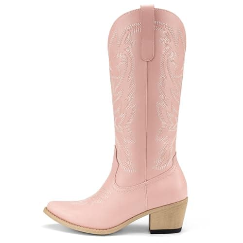 Athlefit Cowboy Cowgirl Boots for Women Fashion Low Chunky Heel Snip Toe Embroidery Western Mid Calf Boots Pink Size 8.5 - Thumbnail 4