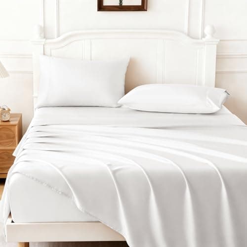 ChicView Twin Luxury Satin Sheet Set,3 Pieces Ultra Cooling Silky Feel Breathable Bedsheets, 16 Inch Deep Pockets Bed Sheets,Good for Hair & Skin, White