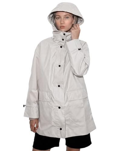 Women’s Lightweight Rain Coat, outdoor coat – Waterproof Raincoat Jacket with Hood, Classic Button-Up Trench Coat for Women, Stylish PU Coated Rain Gear with Detachable Shoulder Decor-（White）L - Image 1