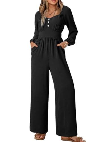 Dokotoo Jumpsuits for Womens 2026 Spring Lantern Sleeve Square Neck Maternity Flowy Romper Smocked Waisted Wide Leg Cruise Sexy Outfits Plus Size with Pockets for Wedding,Black X-Large - Thumbnail 4