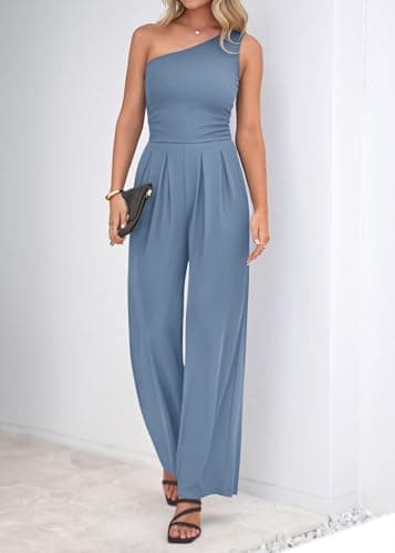 KIRUNDO One Shoulder Jumpsuits For Women Dressy Summer Formal One Piece Ribbed Wide Leg Romper Pockets Cocktail Party Outfits(Dusty Blue, X-Large) - Thumbnail 4