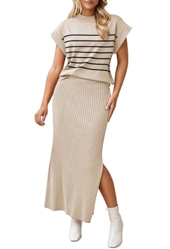 Pink Queen Junior Girl Two Piece Lounge Set Autumn Knit Ribbed Bodycon Dress Outfits for Women Dating High Waisted Slit Sheath Skirts Matching Tops Ivory - Stripe L - Image 1