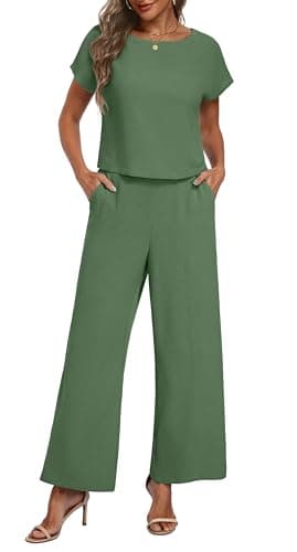 Lepunuo Women Summer Two Piece Cap Sleeve Top and Wide Leg Pants Lounge Matching Set Tracksuit Vacation Outfits - Image 1