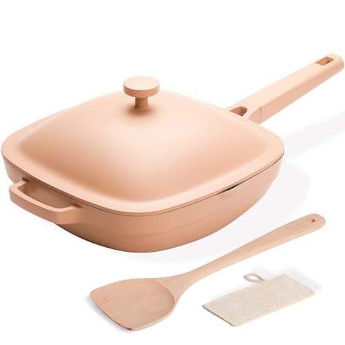 USELUCK 10.5 Inch(3.8QT) Ceramic Pan with Lid,Non Stick Frying Pans Cast Aluminum Deep Sauté Pans,Ti-Ceramic Non Toxic Pix Pan with Wooden Spatula and Scrubber-Desert Clay - Image 1