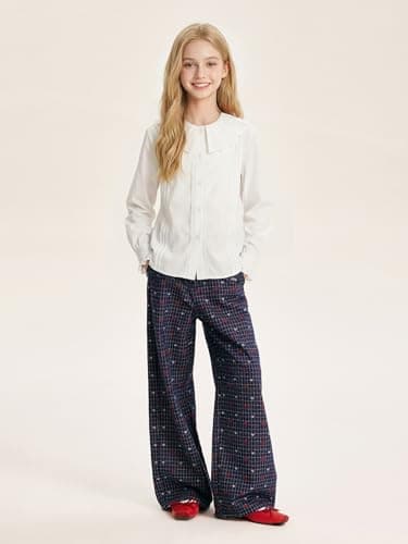 Girls Plaid Wide Leg Pants Retro Heart Pants Navy Blue Girls Trousers for Teens 6-16Y - Thumbnail 5