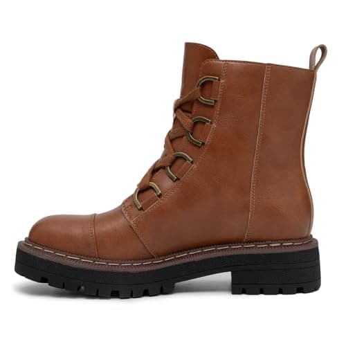 Athlefit Women's Brown Combat Ankle Boots Platform Chunky Low Heel Boots Fashion Lug Sole Lace Up Booties Size 9.5 - Thumbnail 2