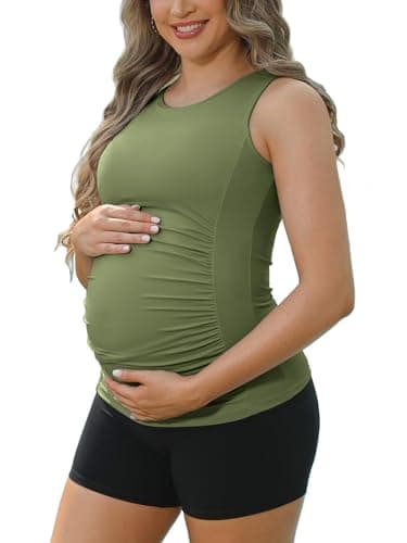 ATTRACO Sleeveless Maternity Tank Tops for Women with Built in Bra Side Ruched Pregnancy Top Green M - Image 1