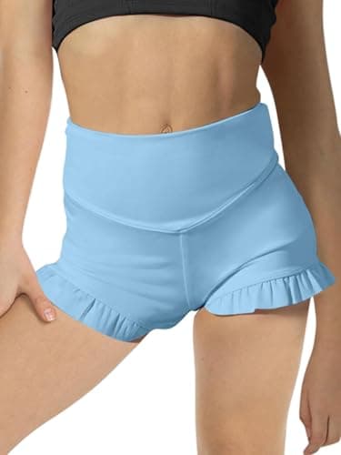 viehunt Girls High Waisted Athletic Yoga Dance Shorts Ruffle Cute Biker Gymnastics Workout Shorts Light Blue