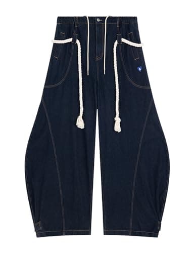 Aelfric Eden Super Baggy Barrel Jeans Wide Leg Jeans Unisex Casual Drawstring Elastic Waist Denim Pants Trouser Blue - Thumbnail 4