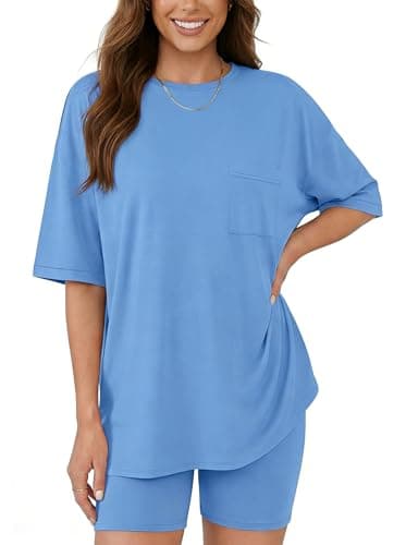 Aotasely Women 2 Piece Lounge Set Summer Oversized T-Shirt Biker Shorts Matching Airport Travel Casual Outfits Clothes - Image 1