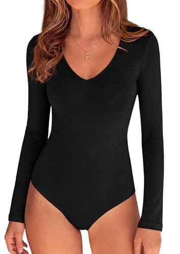 PRETTYGARDEN Bodysuits for Women 2026 Fall Long Sleeve Shirts V Neck Slim Fitted Basic Tees Going Out Tops Fashion Clothing (Black,XX-Large) - Image 1