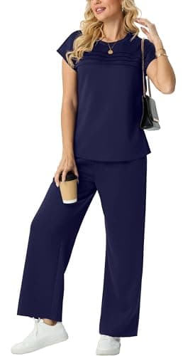 GRECERELLE Matching Sets for Women 2 Piece Summer Travel Outfit Cap Sleeve Top and Wide Leg Pants Set with Pockets Casual Lounge Vacation Airport Outfit - Image 1