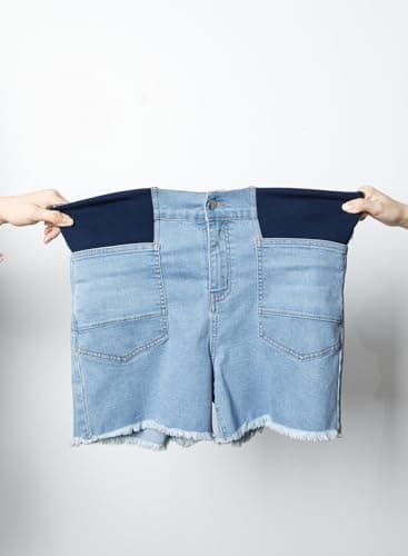BLENCOT Maternity Jean Shorts Under Belly Pregnancy Trendy Casual Plus Size Frayed Hem Stretchy Shorts Denim Beau Blue L - Thumbnail 3
