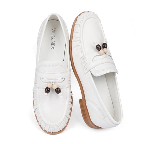 VIUGJNEX Flats Shoes Women Dressy Comfortable White Penny Loafers for Women Ruched Toe Womens Moccasins Beaded Slip on Leather Loafers Womens Office Cusal Walking Shoes Size 6.5 - Thumbnail 5