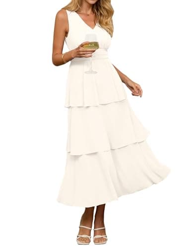 BerryGo Womens Summer Sleeveless Maxi Dress Chiffon Flowy V Neck Casual Ruffle Tiered Boho Wedding Guest Beach Long Sundress Beige White L - Image 1