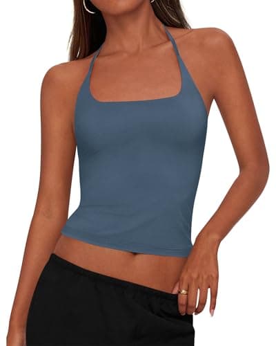 KIRUNDO Women's Halter Crop Tank Top Going Out Tops Y2k Trendy Camisole Workout Sleeveless Basic Shirt 2026 Summer Clothes(Dusty Blue, XX-Large) - Image 1