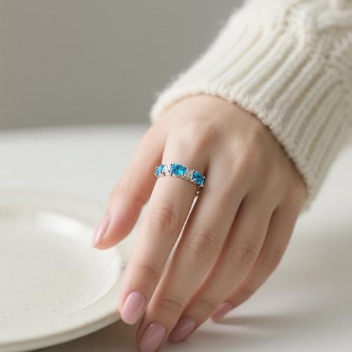 925 Sterling Silver Birthstone Rings for Women - Adjustable Size Women Jewelry Birthday Gifts for Girlfriend,Wife,Mom (12 - Blue Topaz) - Thumbnail 5