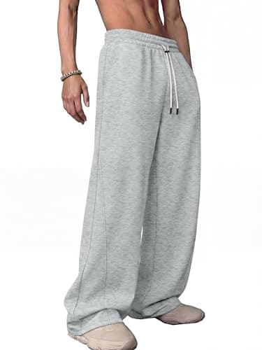 Crastimo Men Baggy Sweatpants Straight Wide Leg Lightweight Drawstring Elastic Waist Loose Floor-Length Casual Streetwear School Teen Light Gray L - Image 1