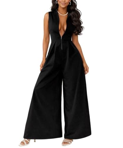 knowfashionstyle Jumpsuits For Women Dressy Sleeveless Zip Up Wide Leg Jumpsuit Date Night Rompers Formal Party Outfits Black S - Image 1