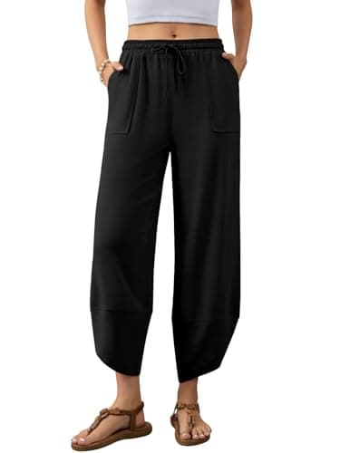 Jiflora Women's Harem Cotton Linen Pants Black Wide Leg Baggy Elastic Waist Trousers with Pockets Beach Black XXL - Image 1