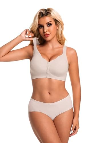 HiMONE Front Closure Bras for Women No Underwire Wireless Push Up Bra Full Coverage Comfort Lift Smoothing Everyday Bras Plus Size（Khaki-3XL） - Thumbnail 4