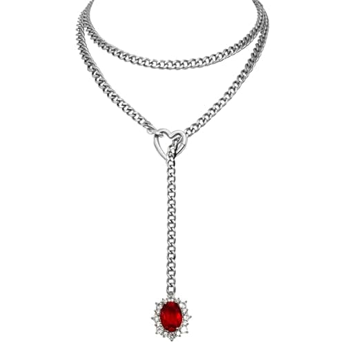 EverGlimp Women's Heart O-Ring Slip Chain Necklace, Double Layered Adjustable 39'' Cuban Chain with Detachable Heart Clasp and Colorful Rhinestone Pendant (Silver-Royal Red) - Image 1