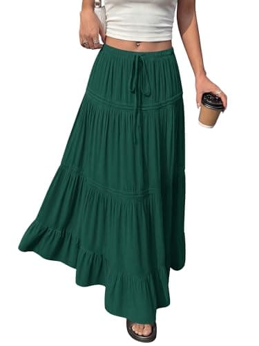 BTFBM Spring Skirts for Women 2026 Summer Boho Beach Vacation Clothes Casual Pleated High Waisted Flowy Maxi Skirt(Green, Large) - Thumbnail 5