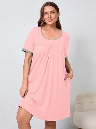 AusLook Plus Size Women's Nightgown 2X Pink Short Sleeve Sleep Dress Sleepwear Soft Sleepshirts Pleated Scoopneck Nightshirt Sleep shirts with Pockets - Thumbnail 3
