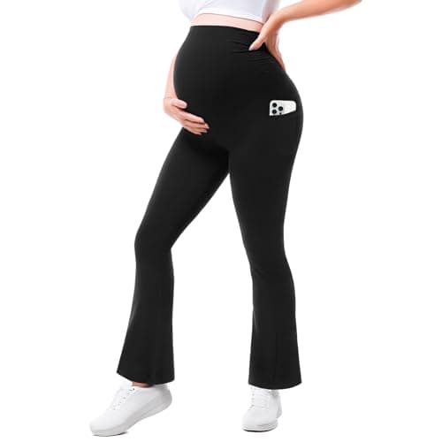 Walifrey Maternity Flared Leggings with Pocket Over The Belly Buttery Soft Pregnancy Yoga Pants Black XXL 28in - Image 1