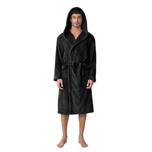 Lagtew Men's Hooded Fleece Bathrobe, Absorbent Towel Plush Robe for Men with Pockets, Warm Soft for Home,BLACK,L/XL - Image 1