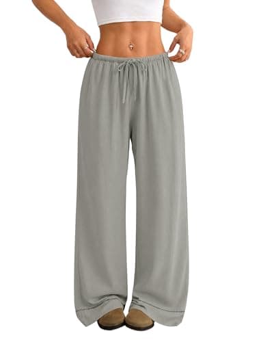 LOMON Linen Pants for Women Summer Beach Outfits Flowy Palazzo Pants Bohemian Pull-on Vacation Outfits 2026, Grey - Image 1
