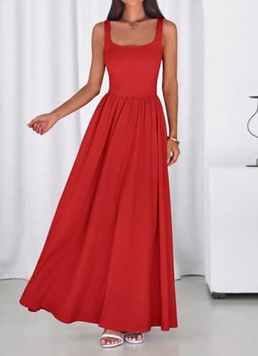BTFBM Summer Dresses for Women 2026 Maxi Casual Square Neck Flowy Long Sundress Spring Wedding Guest Cocktail Dress(Red, XX-Large) - Thumbnail 5
