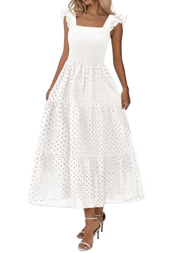 Lazysmile Womens Summer Maxi Dress Square Neck Ruffle Cap Sleeve Hollow Out Eyelet Smocked Tiered A Line Boho Sundress White - Image 1