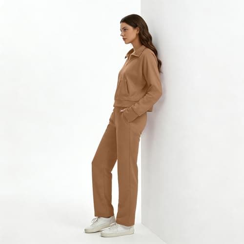 Anyshe Women's 2 Piece Sweatsuit Set Lounge Set Half Zip Sweatshirt with Kangaroo Pocket Thumb Holes Wide Leg Drawstring Pants Casual Tracksuit for Travel Daily Wear, Dark Khaki, Large - Thumbnail 3