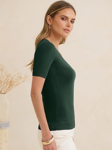 ANRABESS Womens Short Sleeve Sweaters Wool Blend Summer Scoop Neck Casual Business Knit Shirts Slim Fit Work Tops Outfits Drak Green Large - Thumbnail 5