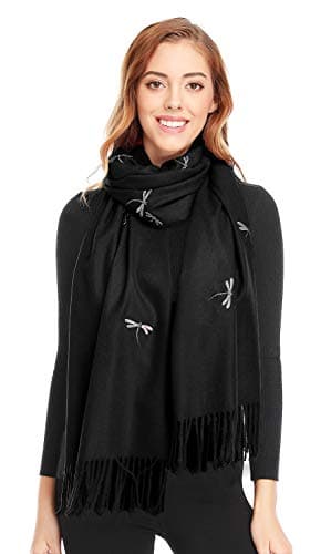 Bienvenu Dragonfly Detail Large Women Soft Cashmere Wool Wraps Shawls Stole Scarf,Black - Thumbnail 2