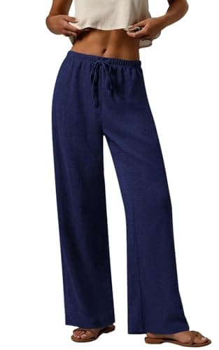 PRETTYGARDEN Women's Pants Casual High Waisted Palazzo Pants for Women with Pockets Textured Wide Leg Stretch Maternity Pants (Navy Blue, Small) - Image 1