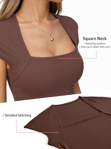 Eachyes Womens Square Neck Short Sleeve Shirts Cap Sleeve Low Cut Tops Sexy Slim Fit Basic Tee Y2k Going Out Cute Summer Crop Outfits 2026 Brown Small - Thumbnail 3