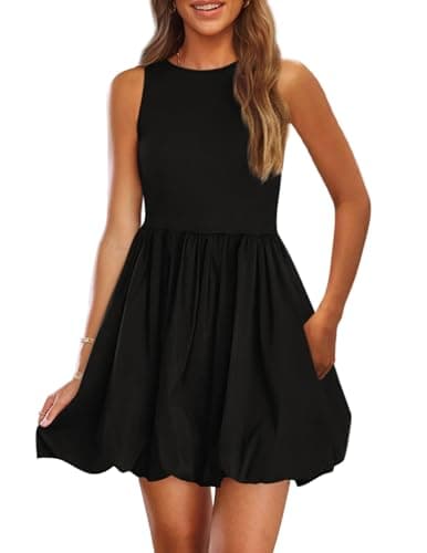 PRETTYGARDEN Summer Dresses for Women 2025 Casual Sleeveless Tank Mini Short Dress Crew Neck Bubble Sundress with Pockets (Black,Large) - Image 1