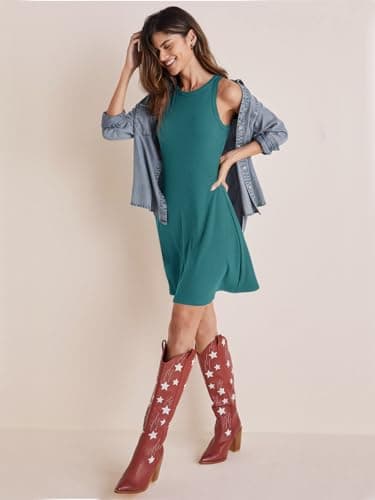 Wenrine Womens Summer Casual Tank Dress Ribbed Knit Sleeveless Crewneck A Line Mini Dresses - Thumbnail 3