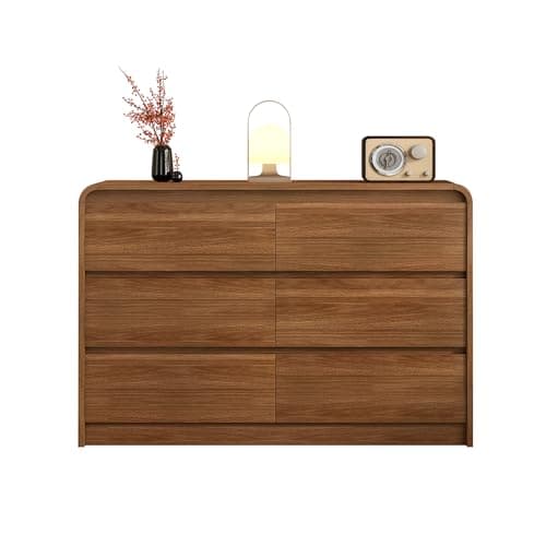 6 Drawer Dresser For Bedroom 47 Inch Wood Chest of Drawers - Curved Anti Collision, Mid Century Dresser For Closet with Natural Texture & Pre-Embedded Slots for TV Stand, Living Room, Nursery