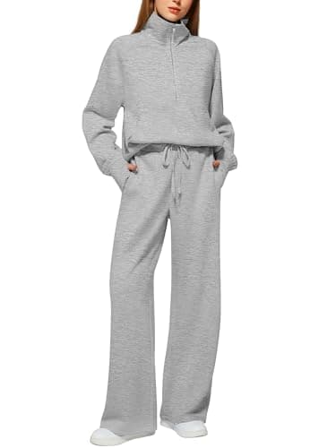 Lounge Sets for Women 2025 Fall Winter 2 Piece Outfits Half Zip Sweatshirt Wide Leg Sweatpant Lounge Matching Sweat Set Athleisure Wear Travel Clothes Set Sweatsuit Tracksuit Light Grey S - Image 1