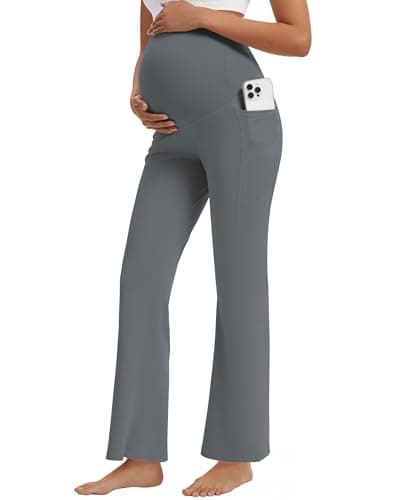 M MOTEEPI Maternity Work Pants 29" Over Belly Stretchy Pregnancy Dress Pants Adjustable Waistband Side Pockets for Work Leggings Dark Gray Medium - Image 1