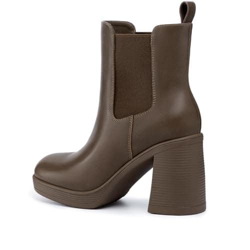 Athlefit Women's Chelsea Platform Boots High Chunky Heel Brown Ankle Boots Square Toe Slip On Elastic Heeled Booties Size 7.5 - Thumbnail 5
