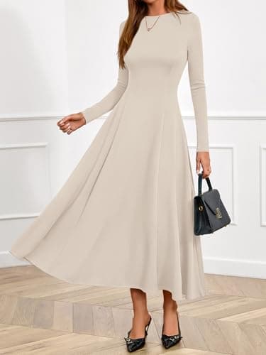 BTFBM Spring Dresses for Women 2026 Trendy Boat Neck Long Sleeve A Line Flowy Knit Loose Casual Elegant Party Maxi Dress(Beige, Large) - Thumbnail 5